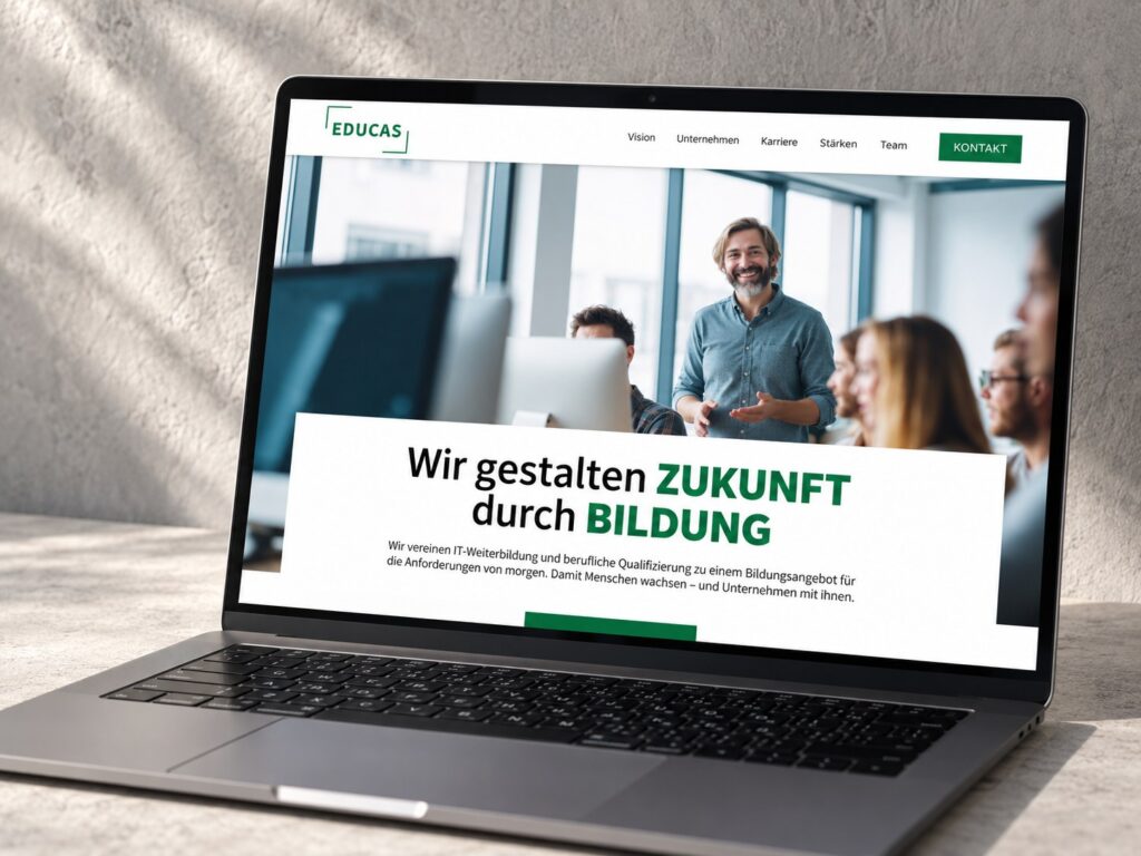 EDUCAS WordPress Webseite auf dem Laptop – Logo und Screendesign