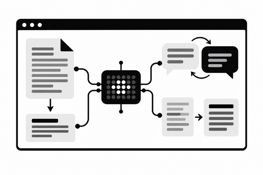 Schwarz-Weiß-Illustration eines Browserfensters mit lokalem KI-Prozessor für Zusammenfassung, Übersetzung und Textüberarbeitung