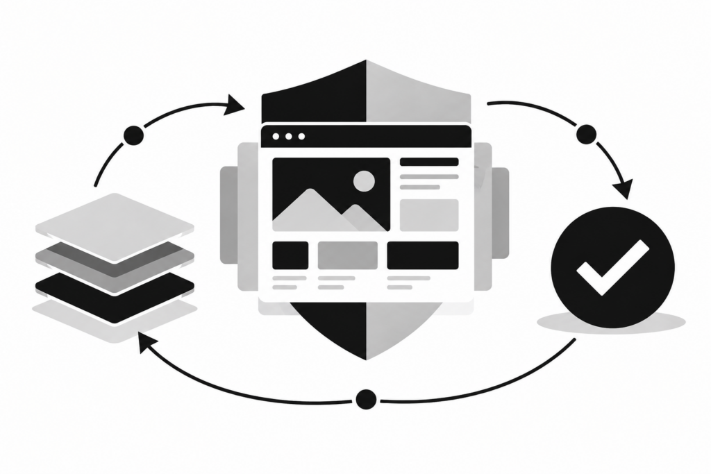 Schwarz-Weiß-Illustration eines sicheren WordPress-Updates mit Backup, geschützter Website und abschließender Prüfung